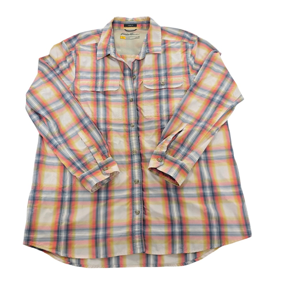 Eddie Bauer Travex Womens Plaid Button Down Roll‎ Up Sleeve Shirt